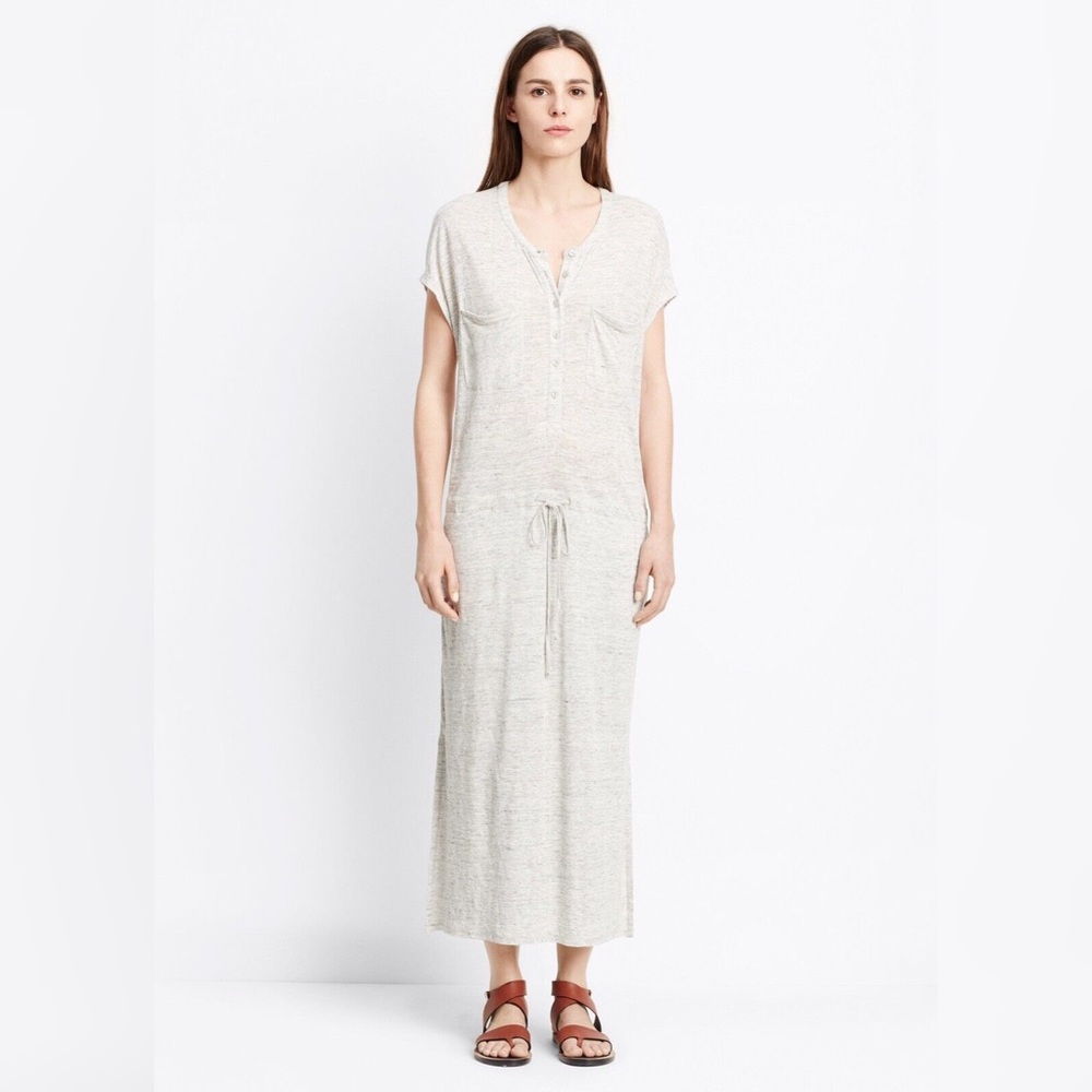 Vince Women’s Linen Henley Drawstring Dress Gray Sz M
